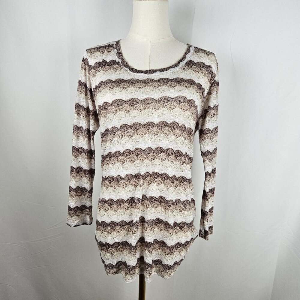 David Cline Knit Top Medium Rhinestone Detail Cream Striped Lightweight Crushed